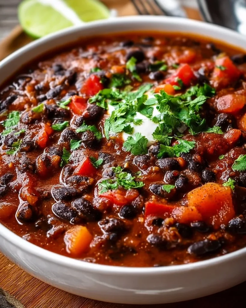 Bowl of easy black bean chili with fresh toppings
