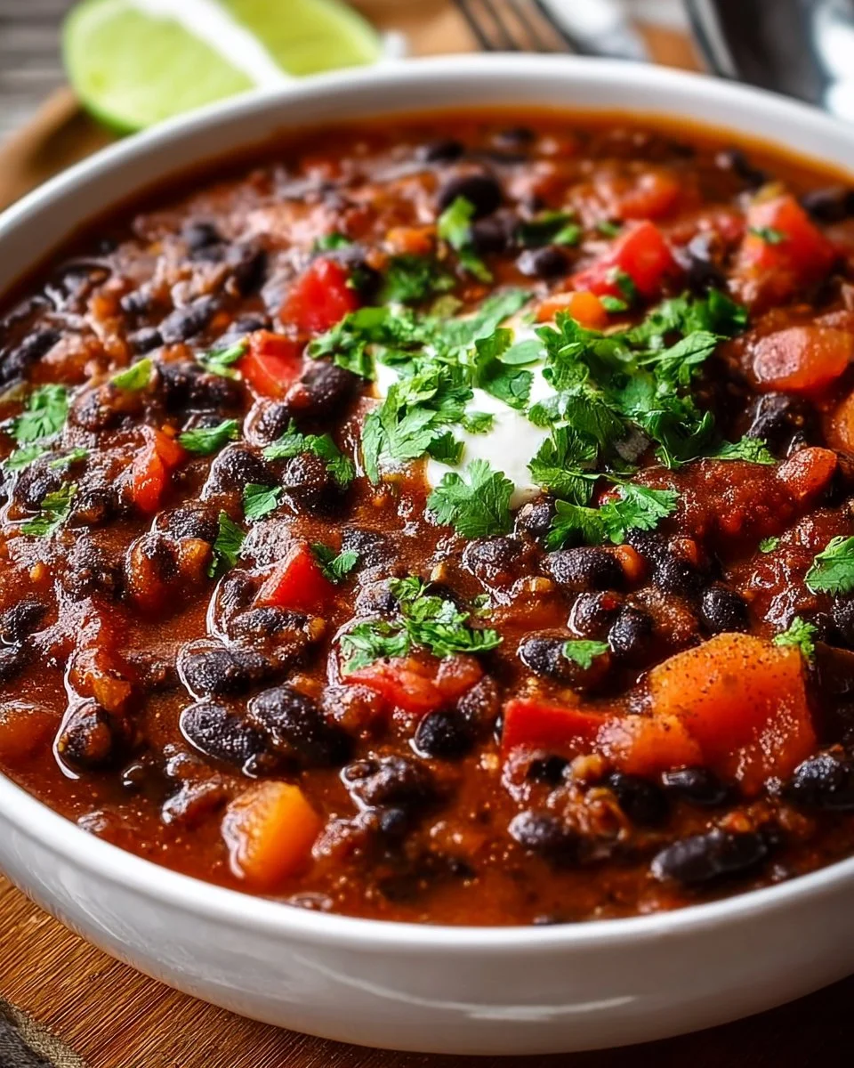 Bowl of easy black bean chili with fresh toppings