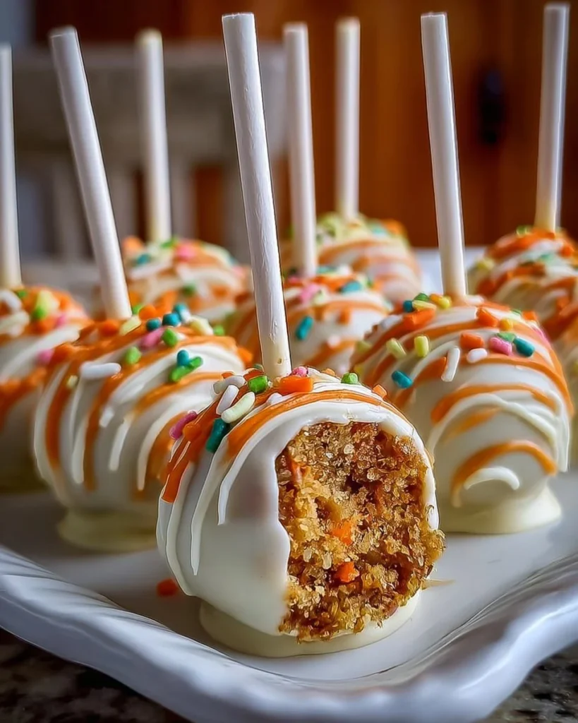 Easy carrot cake pops with cream cheese frosting on a stick
