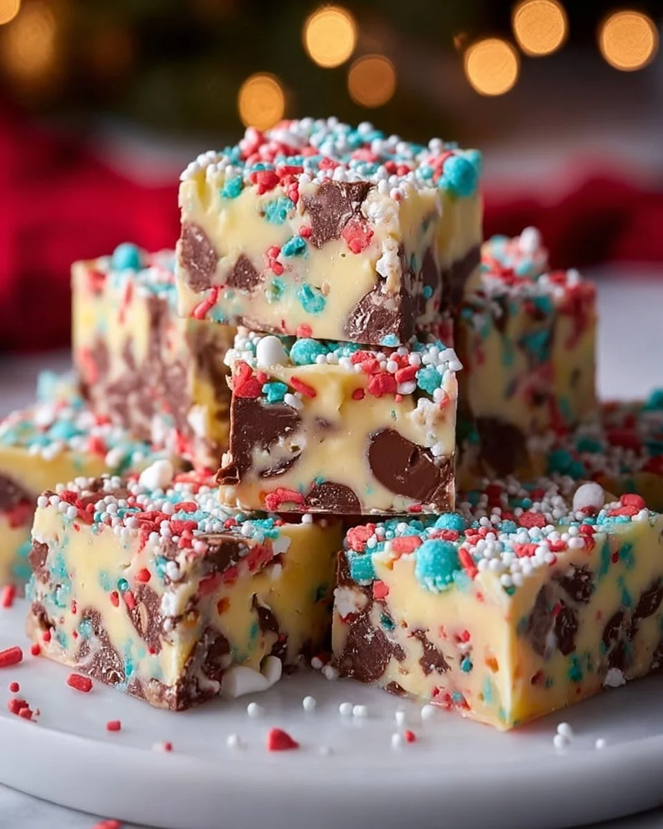 Delicious easy Christmas fudge topped with colorful sprinkles.