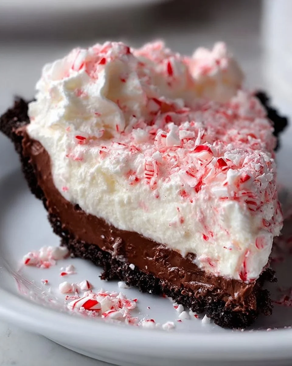 Easy no-bake Christmas peppermint pie topped with whipped cream and candy canes.
