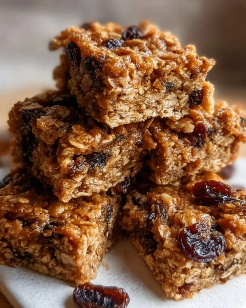 Delicious homemade easy oatmeal raisin bars on a wooden table