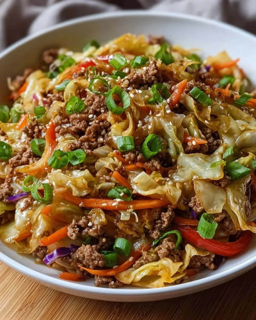 Egg Roll in a Bowl served in a bowl with fresh vegetables and seasoning