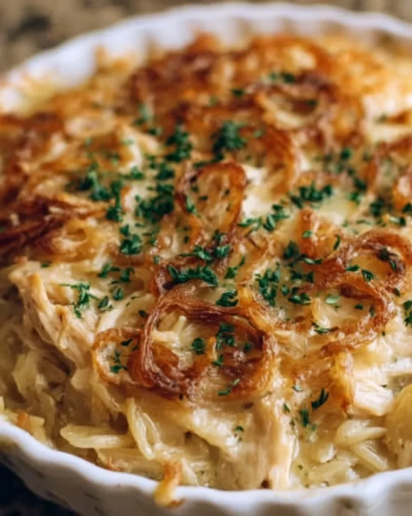 French Onion Chicken Orzo Casserole topped with melted cheese and herbs