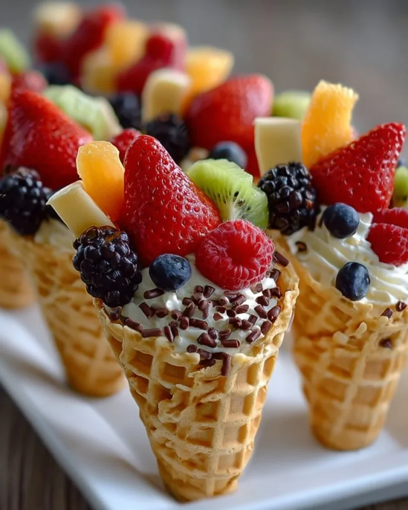 Fresh fruit waffle cones filled with seasonal fruits served on a wooden table