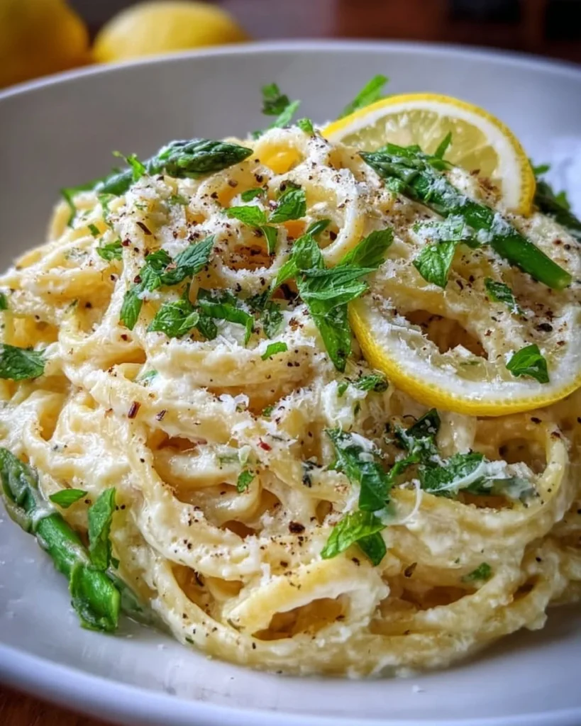 Delicious plate of fresh spring lemon ricotta pasta garnished with herbs