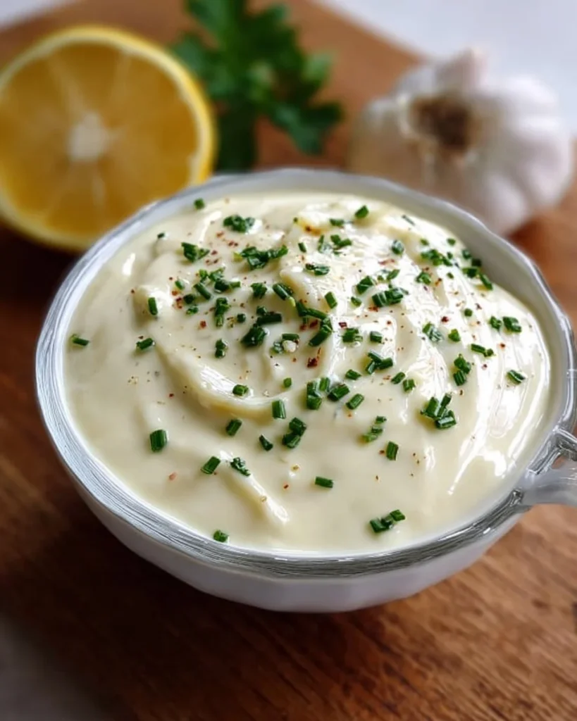 Homemade Garlic Aioli Sauce served in a bowl