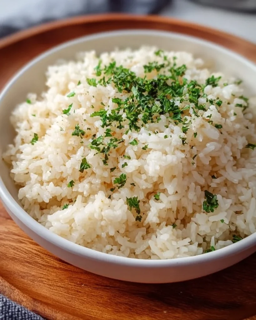 Delicious Garlic Butter Rice served in a bowl garnished with herbs