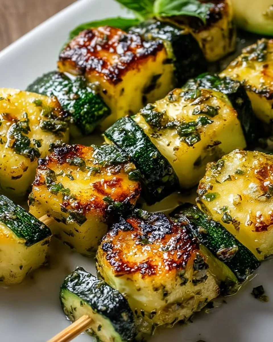 Garlic Butter Zucchini skewers grilled to perfection with herbs.