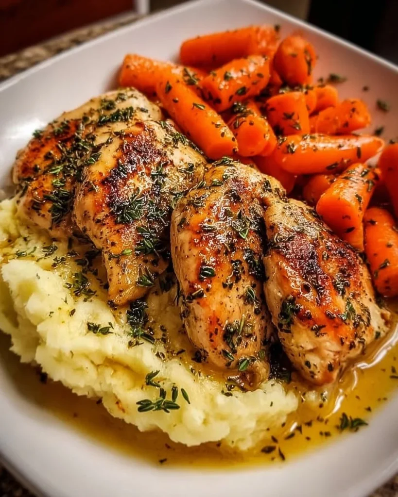 Plate of Garlic Herb Chicken garnished with herbs and served with vegetables