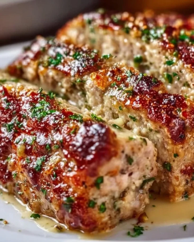 Garlic Parmesan Chicken Meatloaf on a plate garnished with herbs