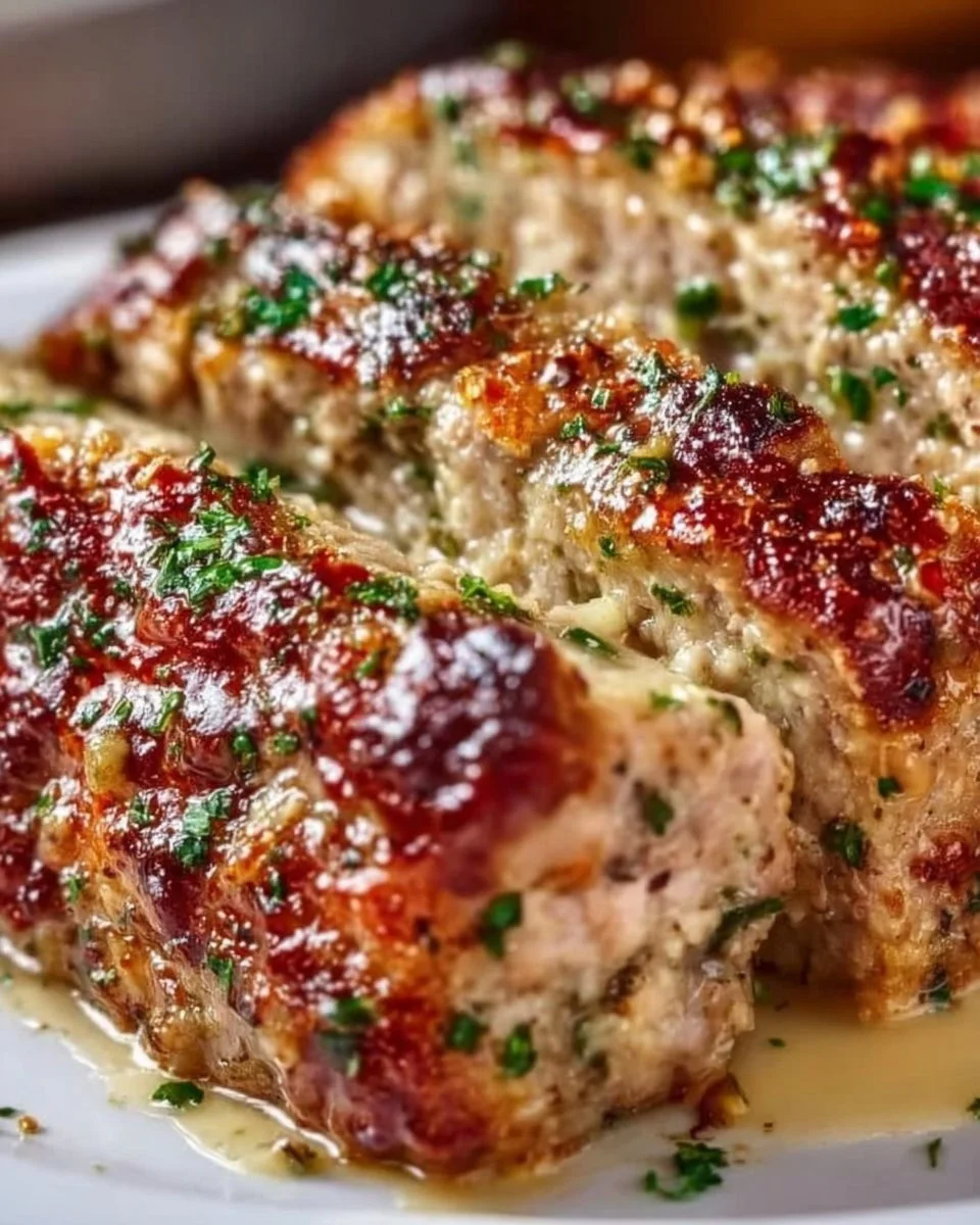 Garlic Parmesan Chicken Meatloaf on a plate garnished with herbs