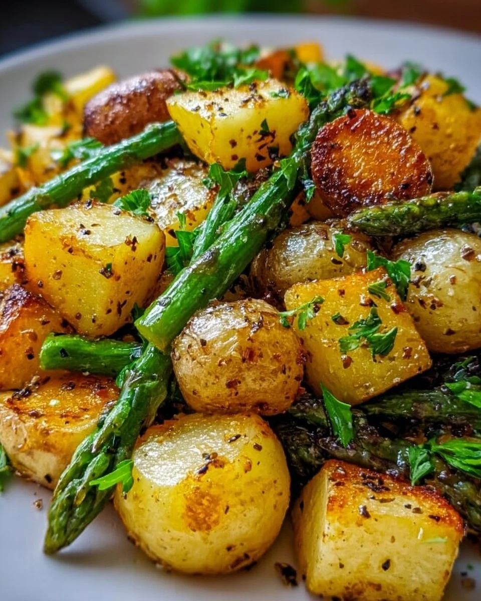 Plate of garlic potatoes and asparagus, a flavorful side dish