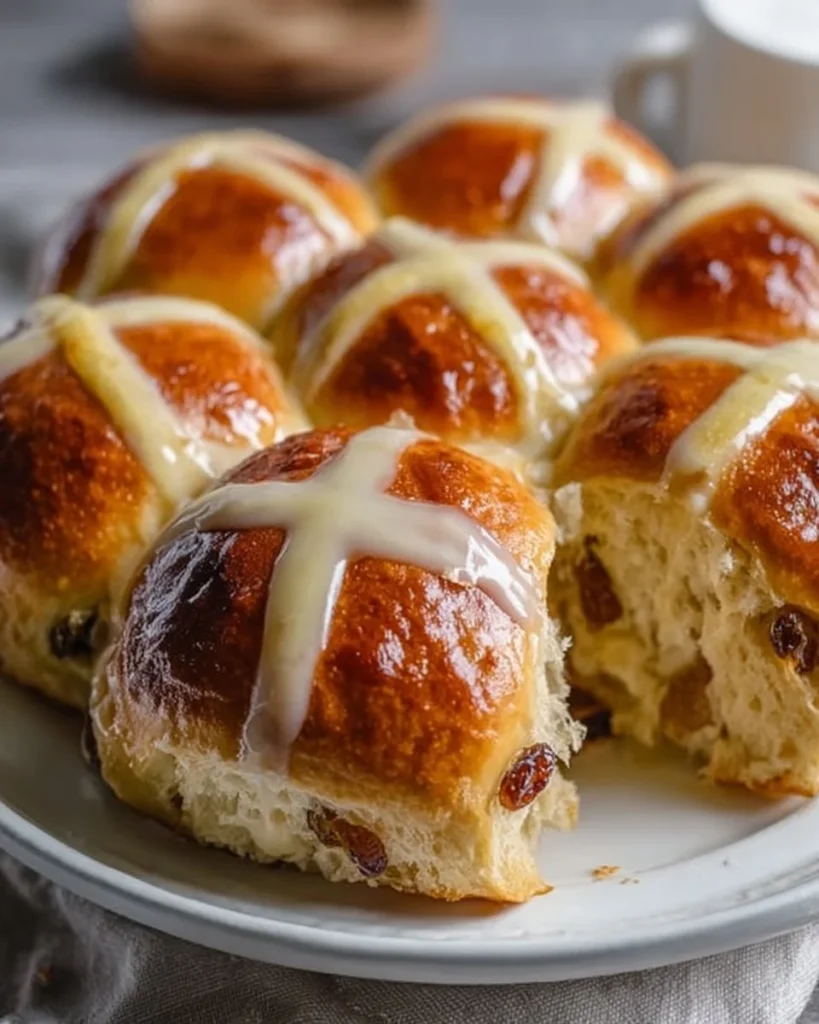 Golden Apple Hot Cross Buns fresh out of the oven, featuring a golden crust and spiced aroma.