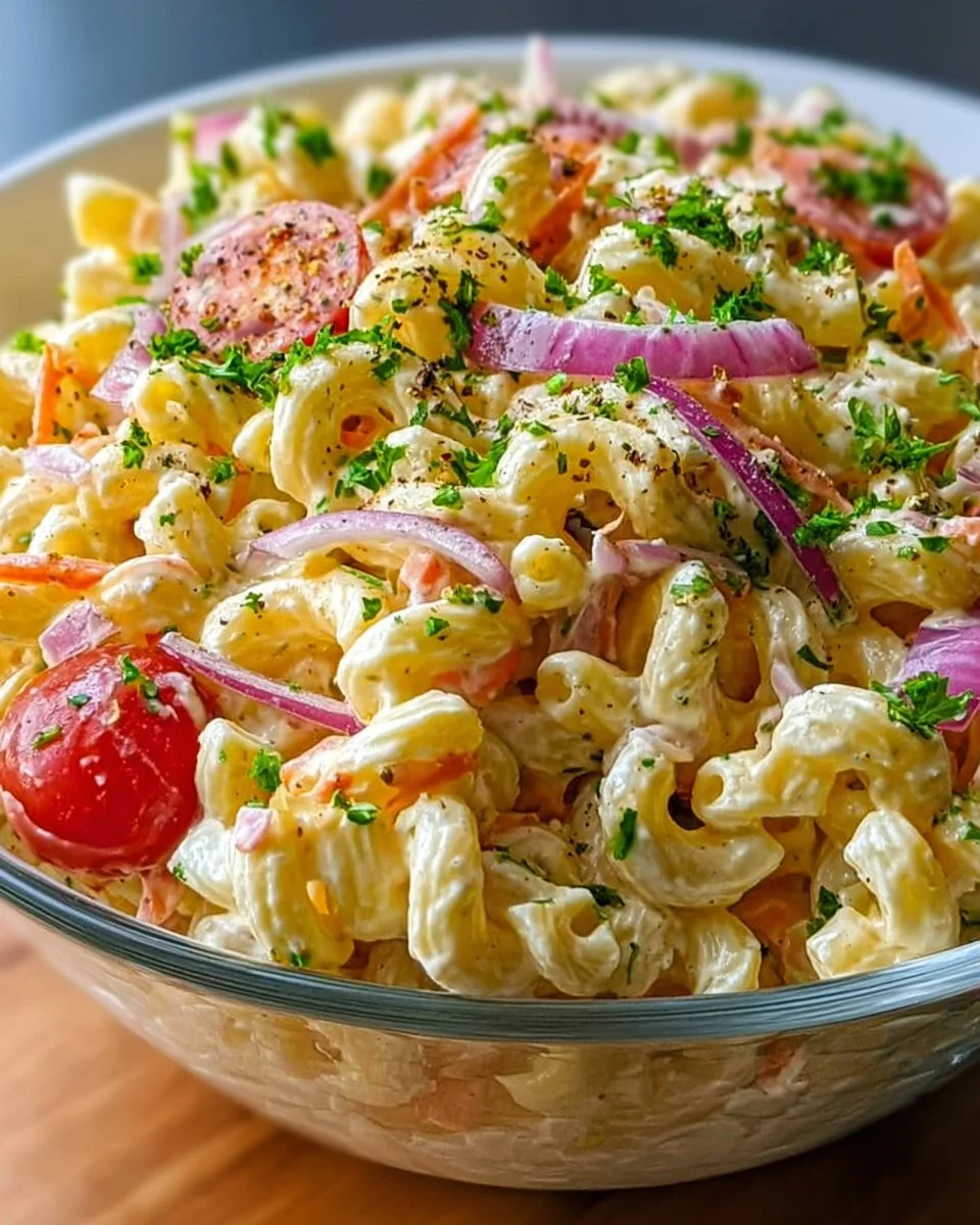 Gordon Ramsay macaroni salad served in a bowl with fresh ingredients.
