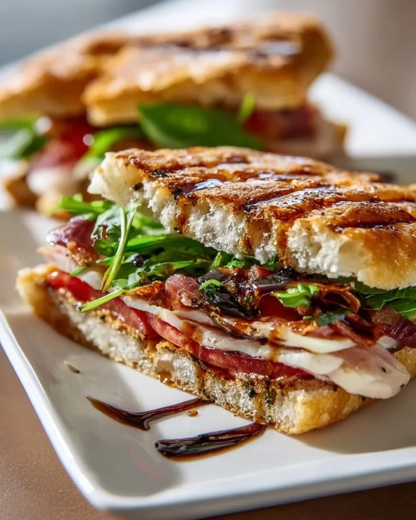 Gourmet focaccia sandwich with balsamic glaze on a wooden board