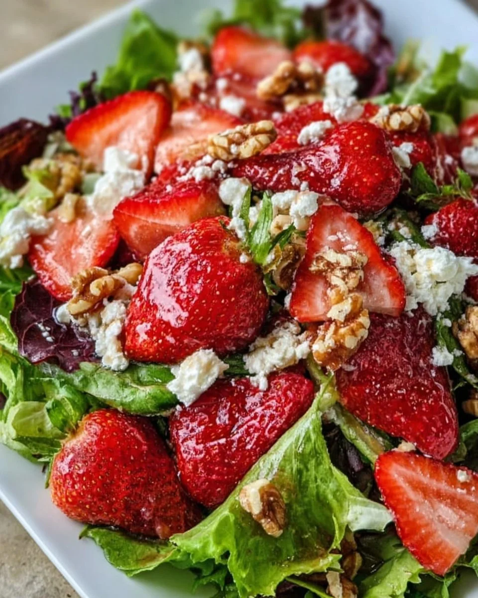 Delicious Strawberry Feta Salad topped with fresh strawberries and crumbled feta cheese