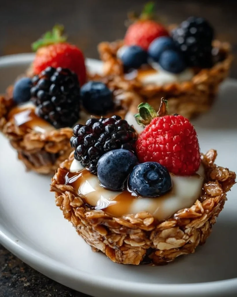 Homemade granola cups filled with yogurt and fresh fruits