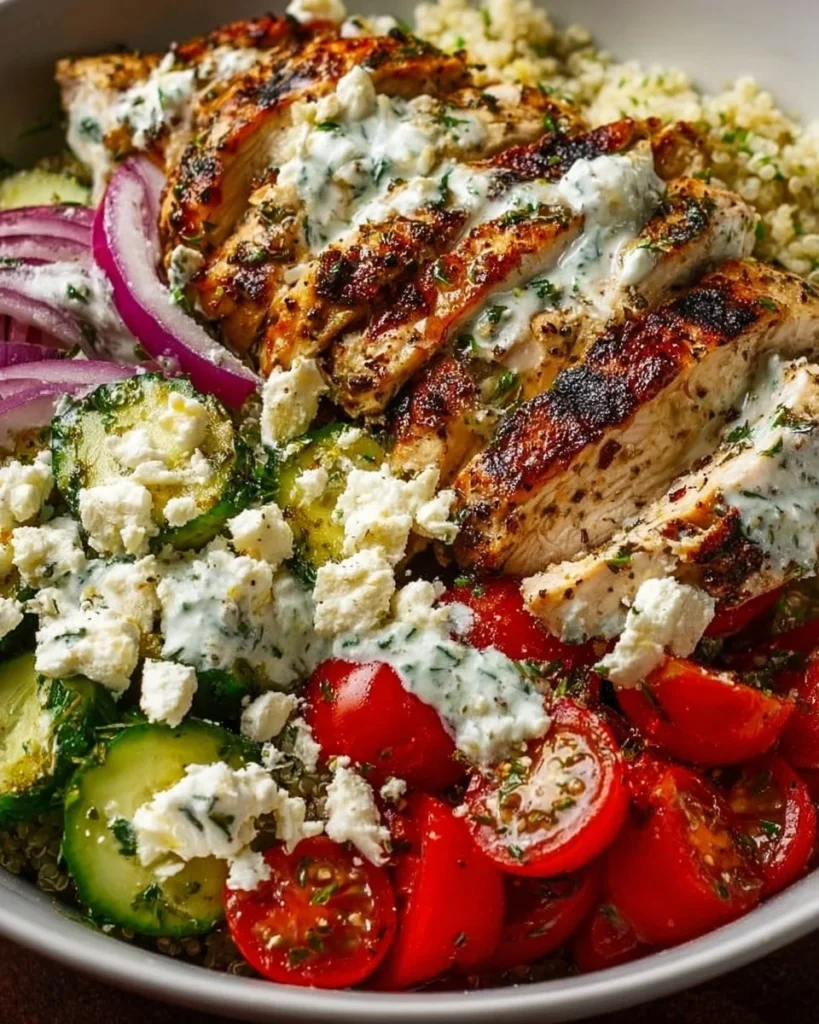 Greek Chicken Bowl with fresh vegetables and grains