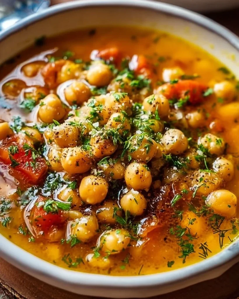 Bowl of Greek Chickpea Soup (Revithia) garnished with olive oil and herbs