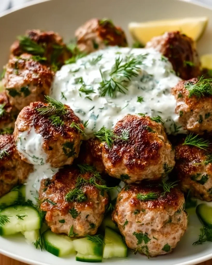 Plate of Greek Turkey Meatballs with Tzatziki Sauce served with fresh herbs