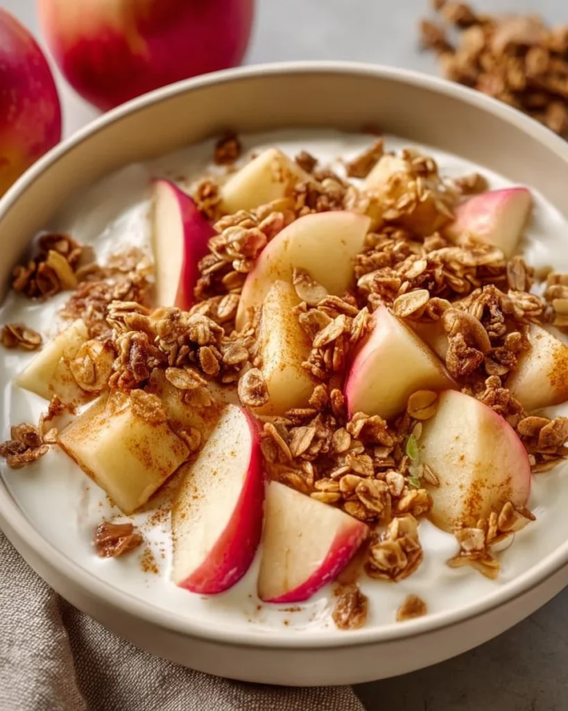 Greek yogurt apple granola salad topped with fresh fruits and nuts