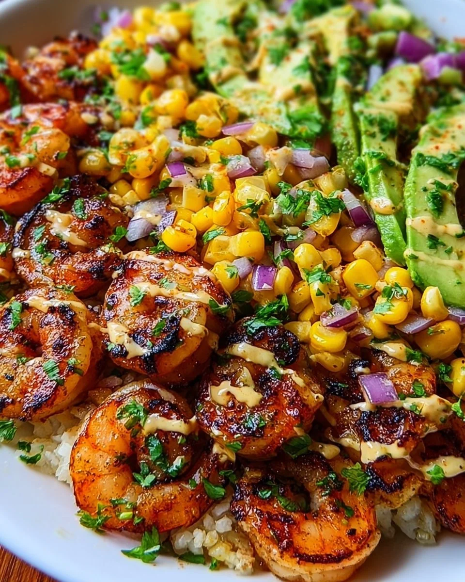Colorful grilled shrimp bowl featuring avocado corn salsa.
