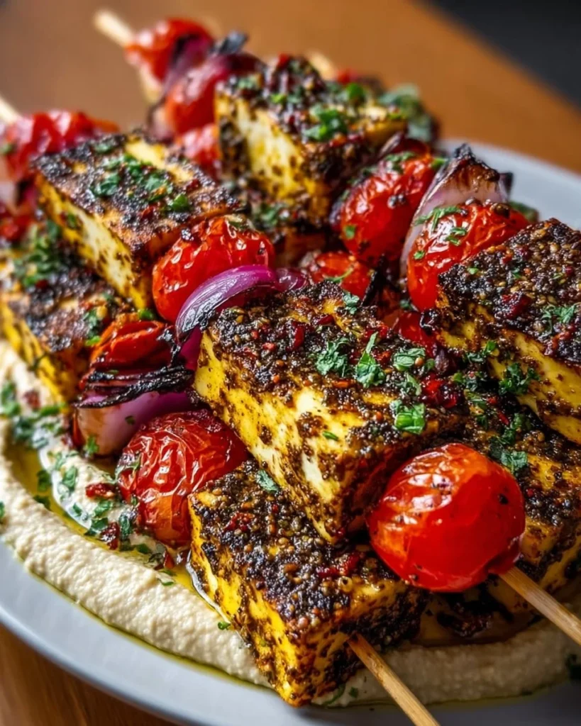 Delicious grilled za'atar tofu skewers on a plate, perfect for a healthy meal.