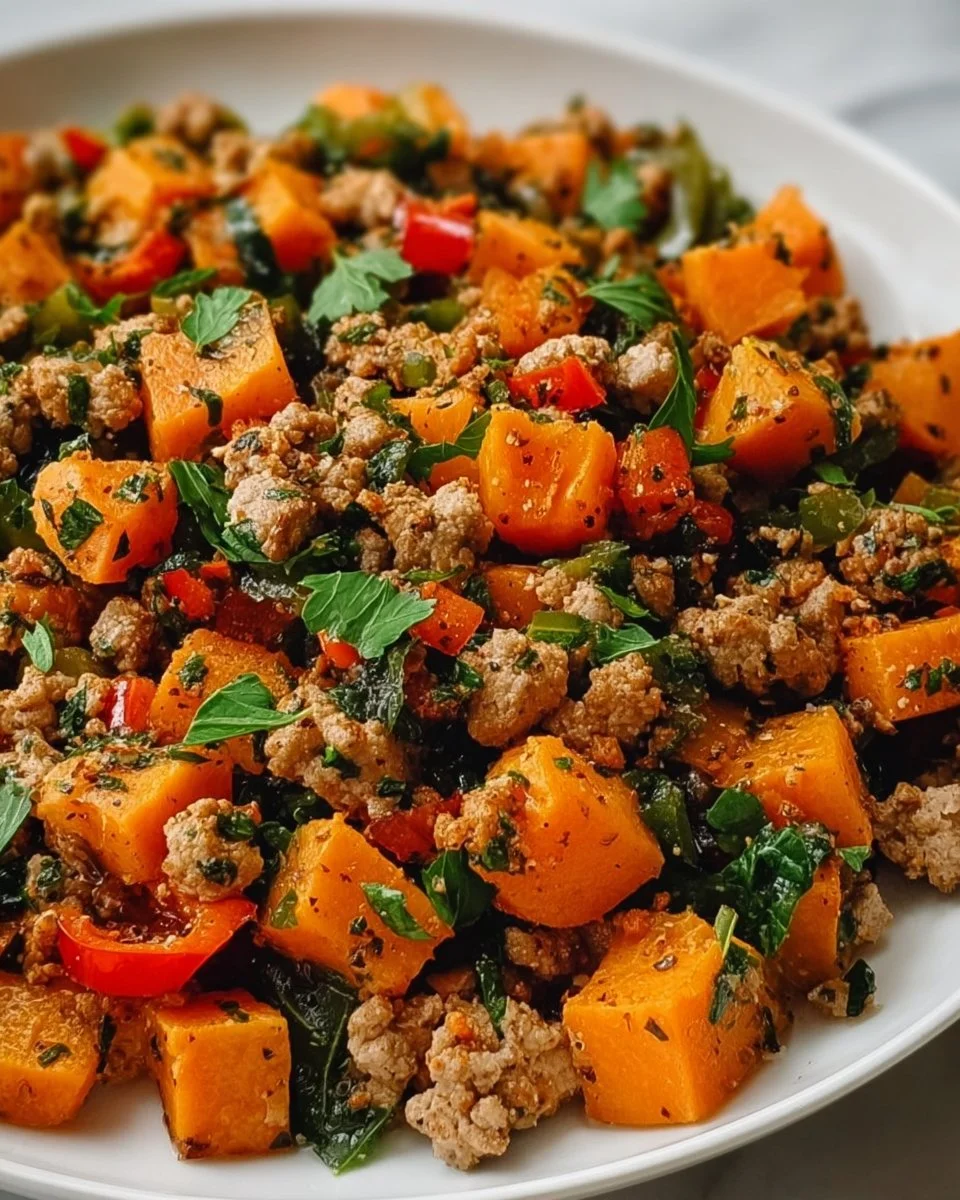 Ground Turkey Sweet Potato Skillet with vegetables in a skillet