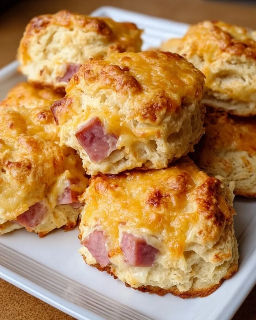 Delicious ham and cheese butter biscuits fresh from the oven.