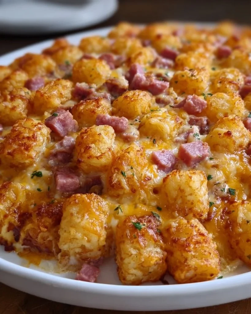 Ham Tater Tot Bake with melty cheese and crispy tots in a baking dish