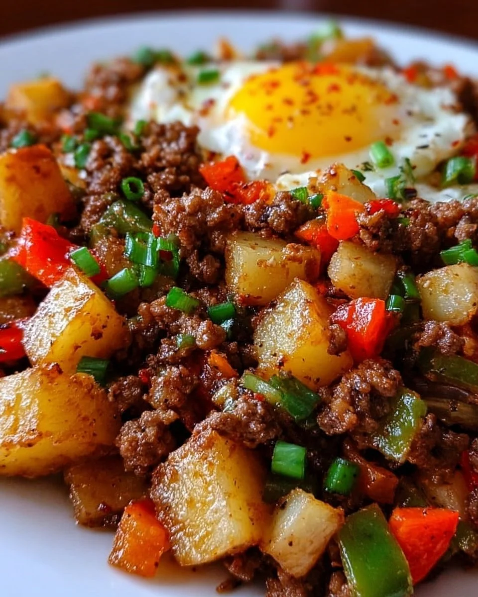 Delicious Hamburger Hash dish served in a skillet