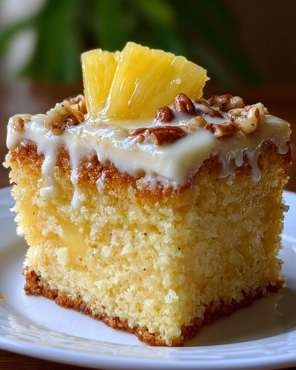 Delicious slice of Hawaiian Pineapple Cake with fresh pineapple topping