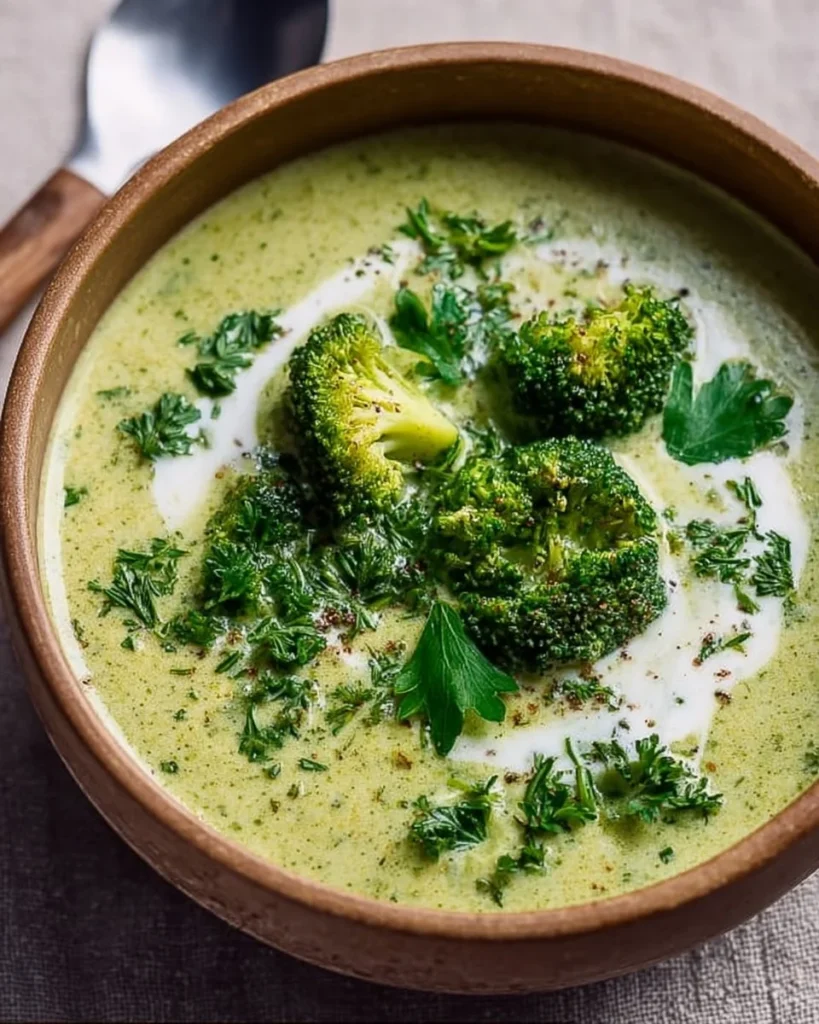 Healthy cream of broccoli soup served in a bowl with fresh broccoli garnish