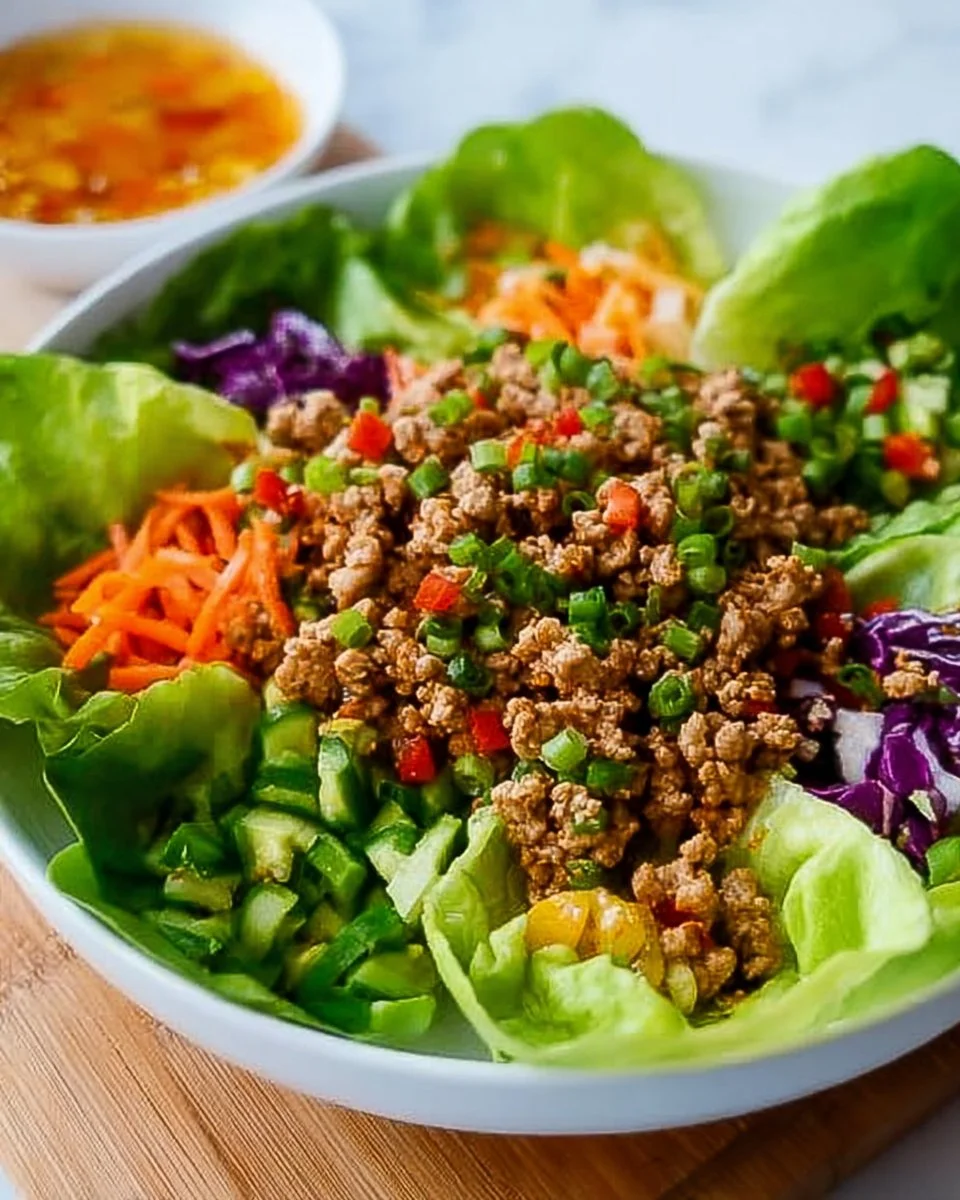 Healthy ground turkey lettuce wraps bowls served with fresh vegetables.