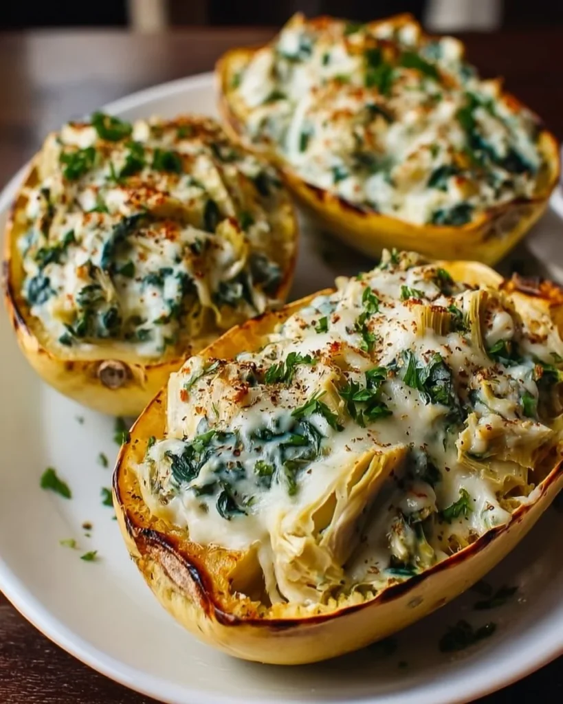 High protein creamy spinach artichoke squash boats garnished and ready to serve.