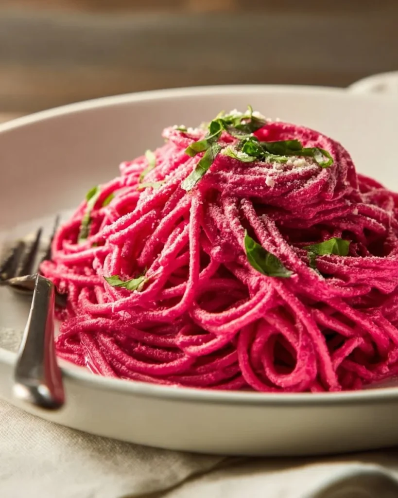 High protein pink pasta dish featuring beet cottage cheese