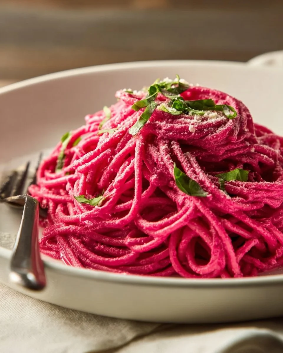 High protein pink pasta dish featuring beet cottage cheese