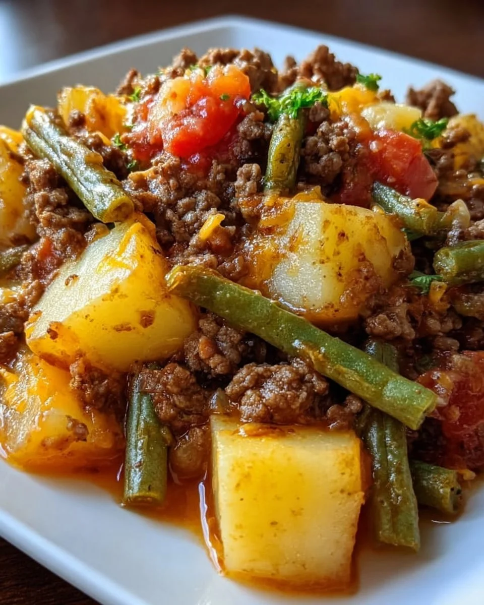 Delicious Hobo Casserole with ground beef, vegetables, and cheese