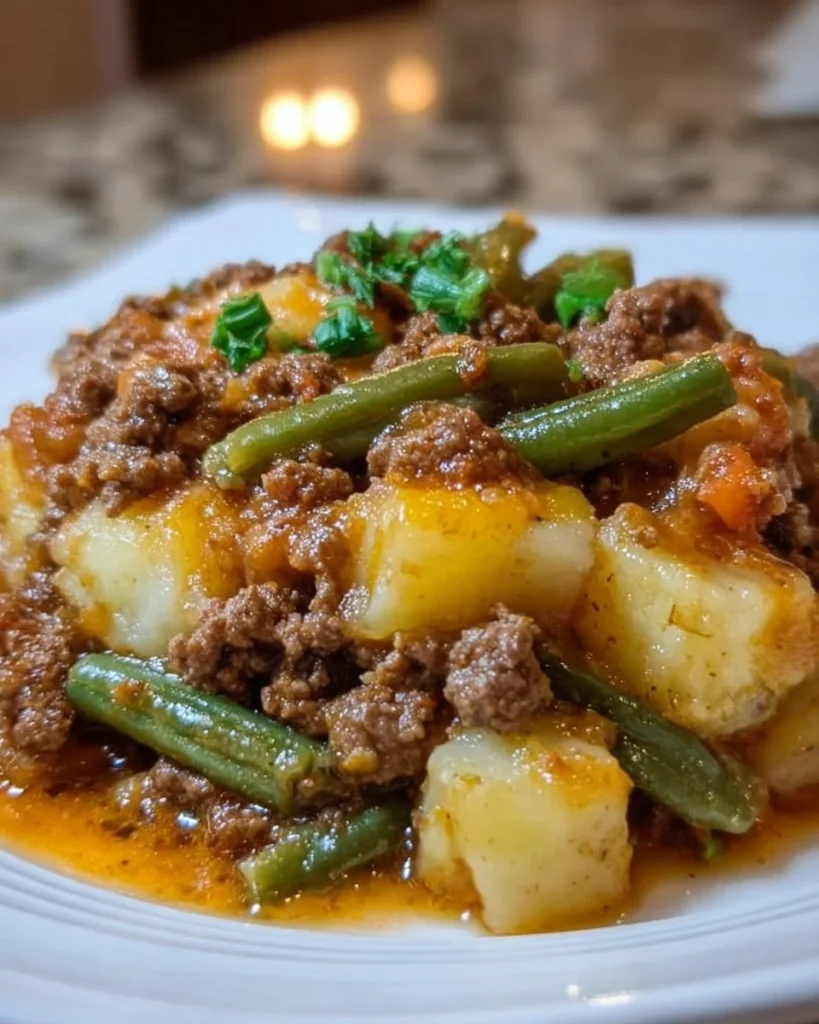 Delicious Hobo Casserole with Ground Beef served in a bowl.