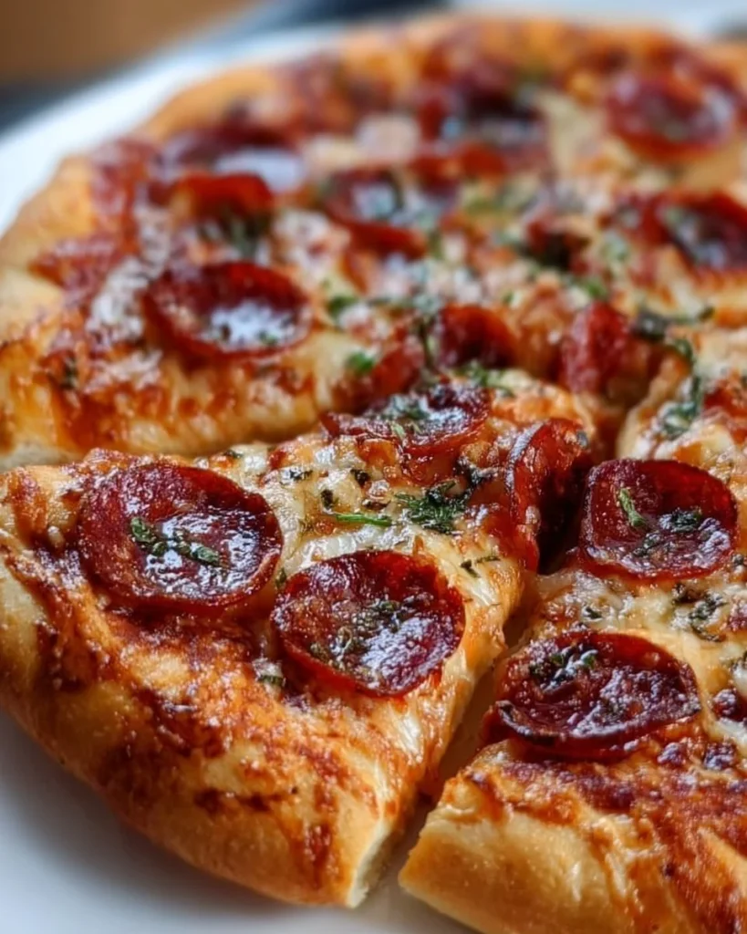 Delicious homemade pizza topped with fresh ingredients on a wooden board.