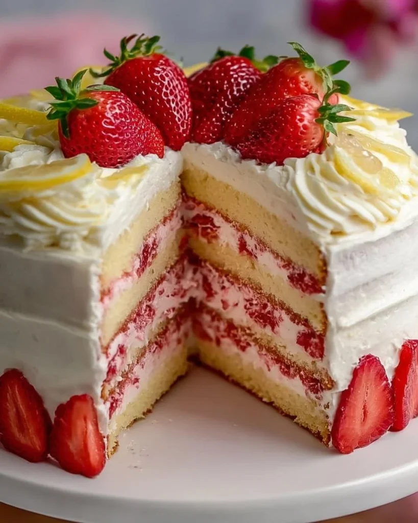 Homemade strawberry cake with delicious lemon frosting on top