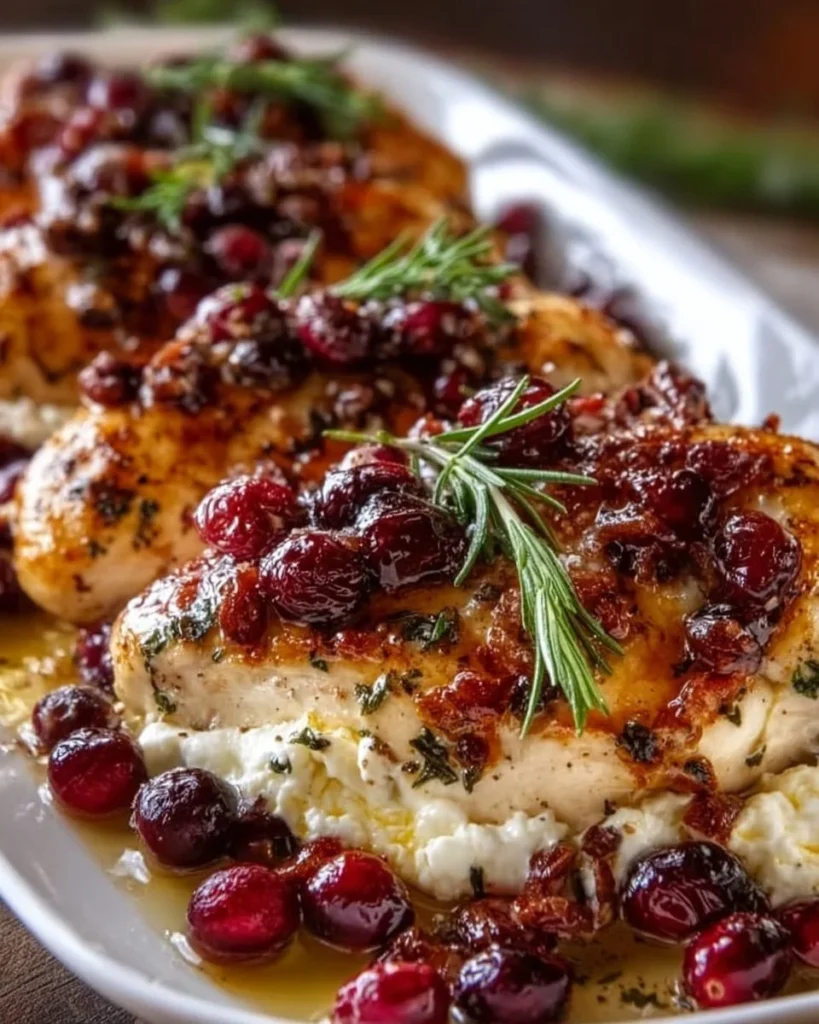 Honey Cranberry Chicken Bake dish garnished with herbs and served with a side.