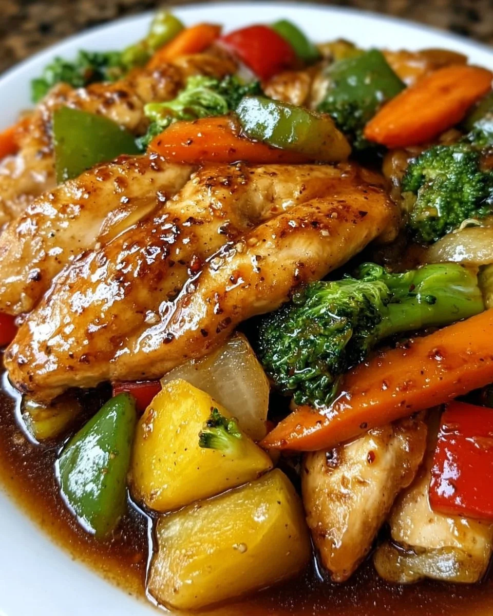 Honey Garlic Chicken served with colorful fresh vegetables