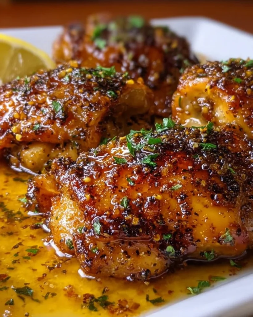Juicy Honey Lemon Pepper Chicken Thighs garnished with herbs