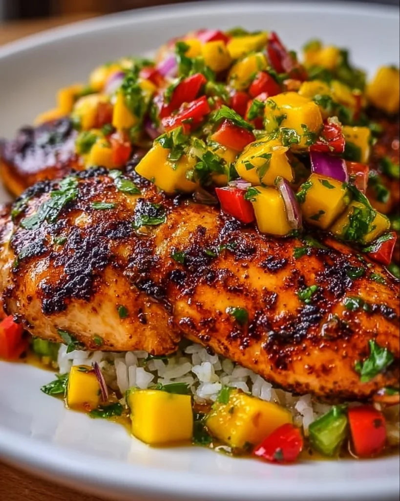 Honey Lime Chicken served with fresh Mango Salsa on a plate