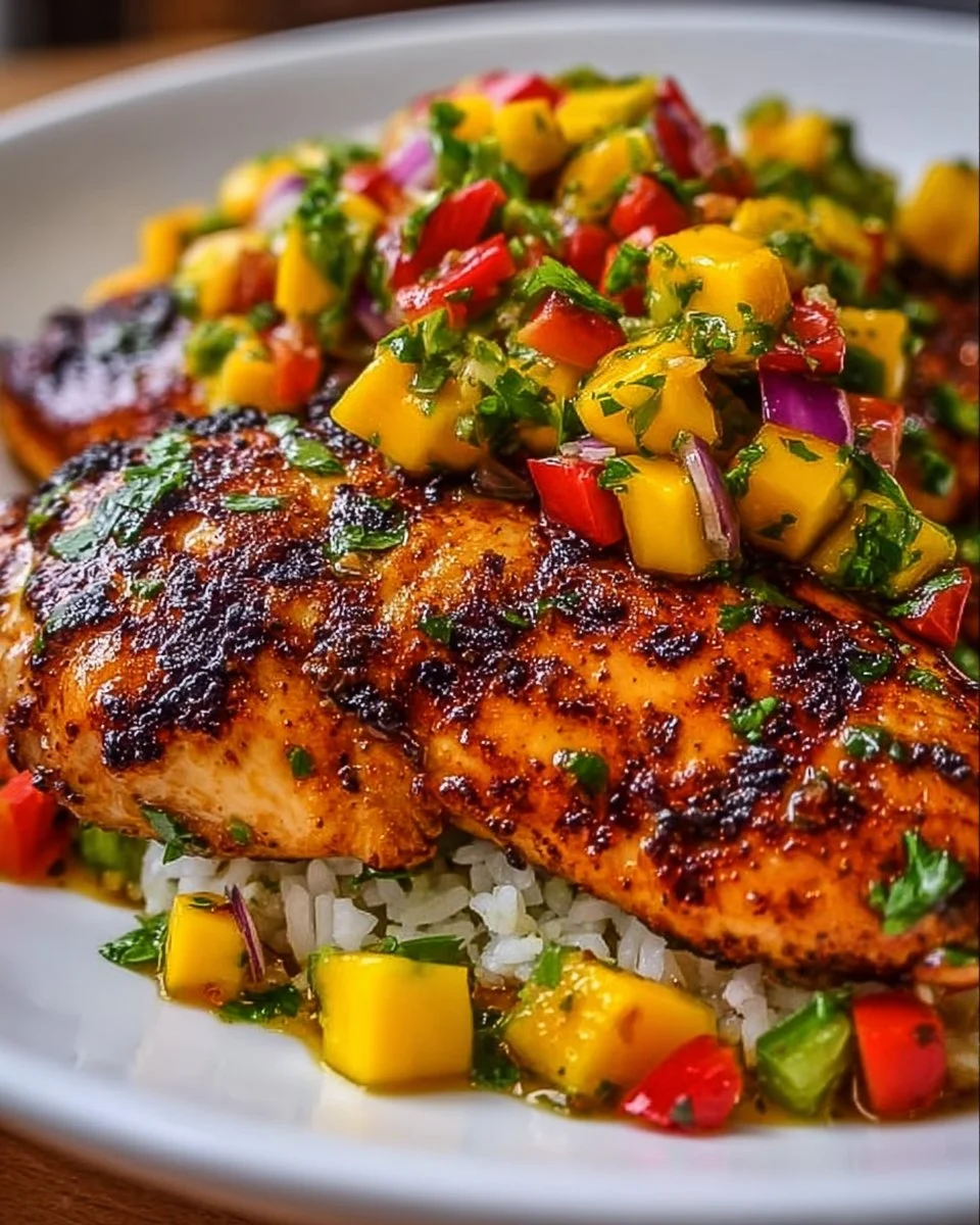 Honey Lime Chicken served with fresh Mango Salsa on a plate