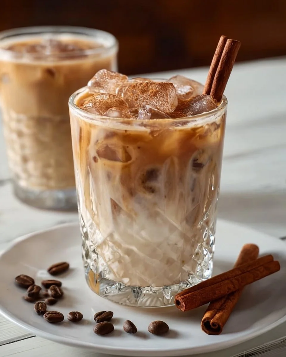 Iced Maple Cinnamon Latte served in a clear glass with ice and cinnamon sprinkle