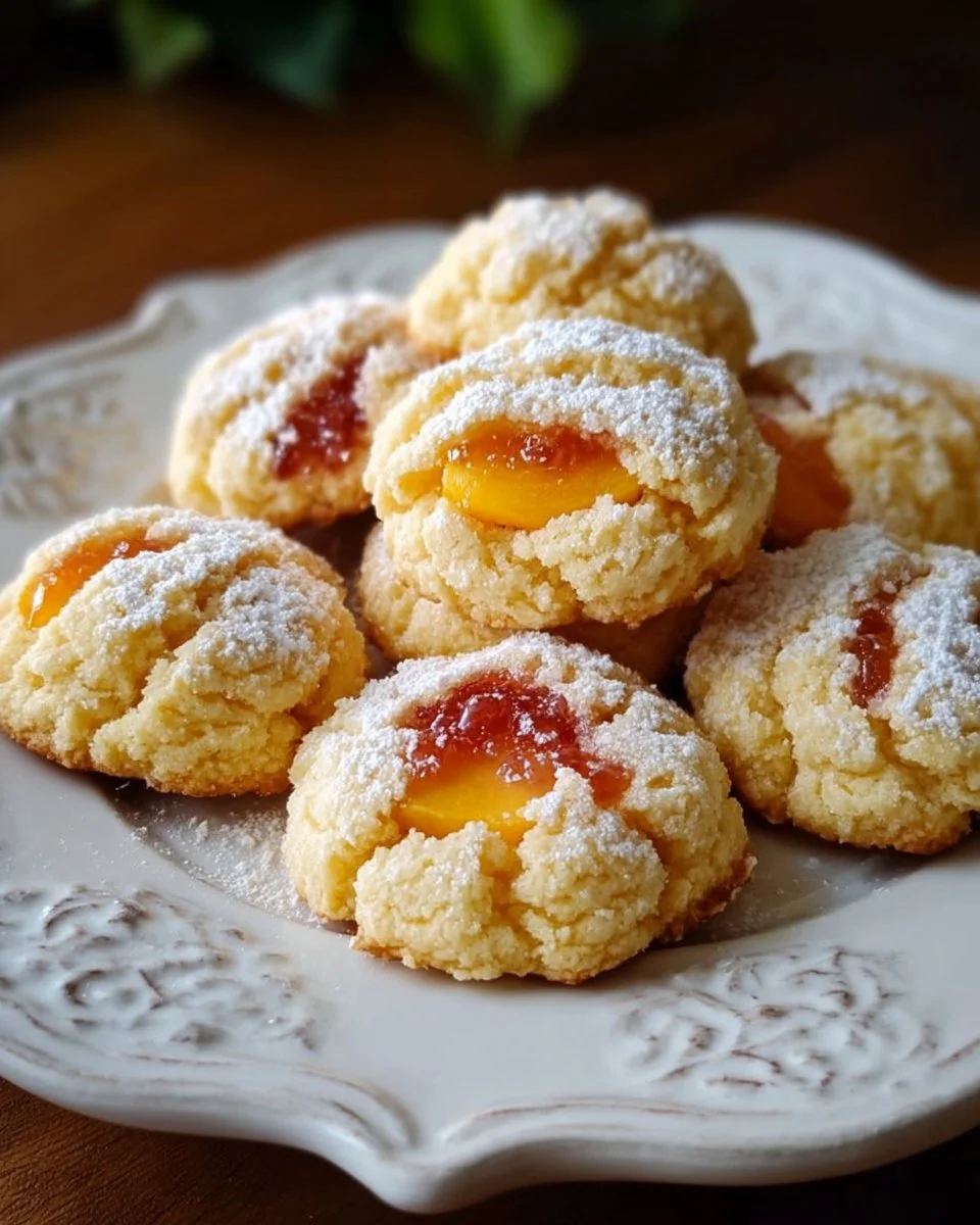 Italian Peach Cookies with vibrant peach filling and delicate cookie exterior.