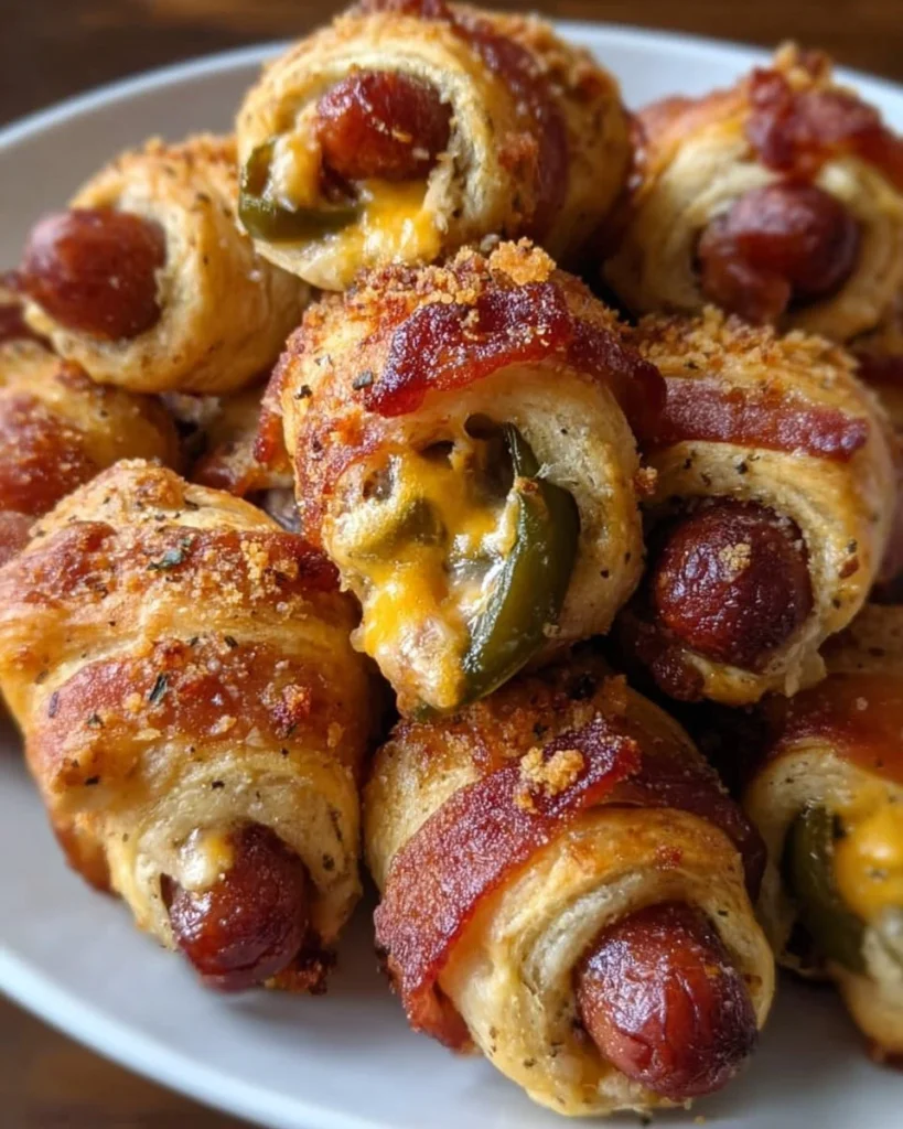 Jalapeno popper pigs in a blanket topped with cheese and spices on a platter